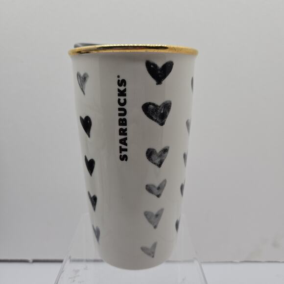 Rare Starbucks Tumbler Black Hearts Travel Mug Gold Rim Coffee Tea - Picture 2 of 5